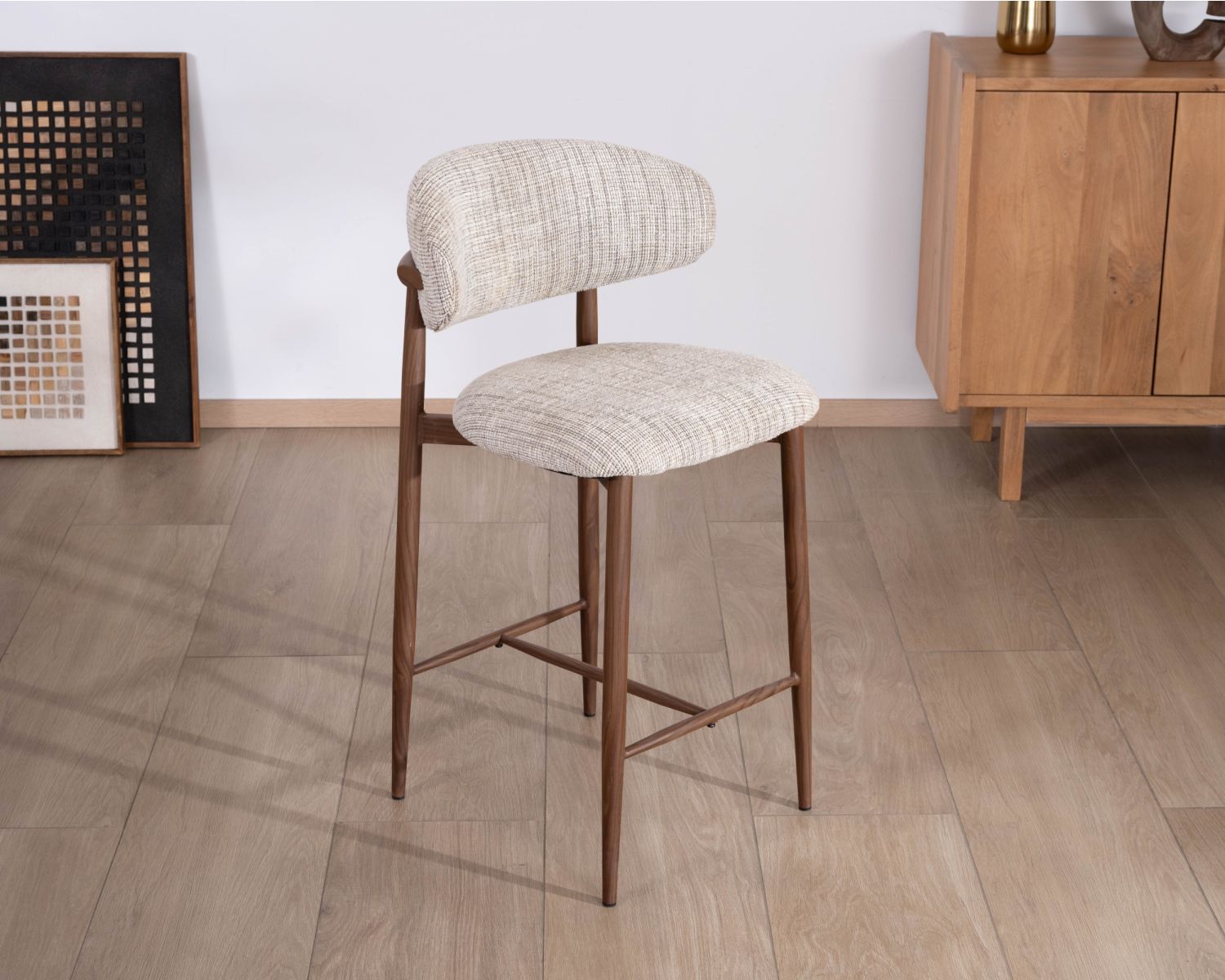 Lot de 2 chaises mi-hauteur rétro en tissu tramé beige et marron "Arpège" pieds métal aspect noyer