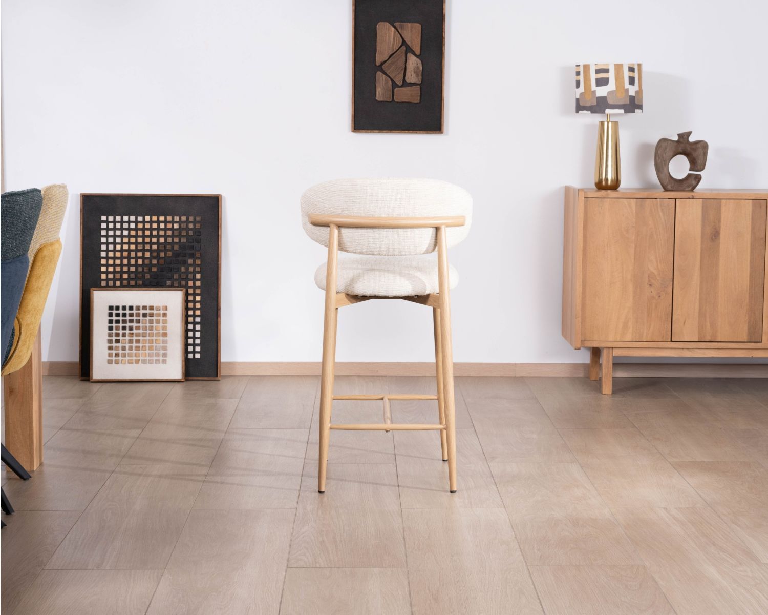 Lot de 2 chaises mi-hauteur style scandinave en tissu blanc cassé "Arpège" pieds métal aspect bois clair