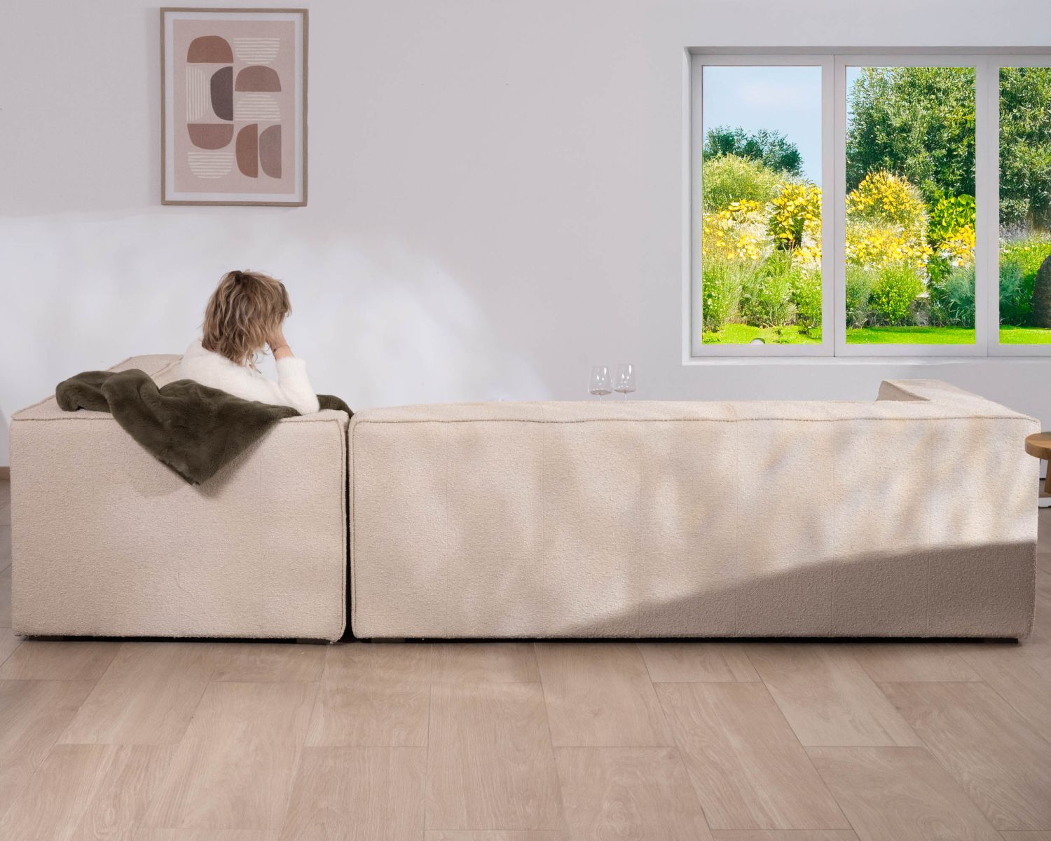 Canapé modulaire en angle en tissu bouclette beige "Alcazar"