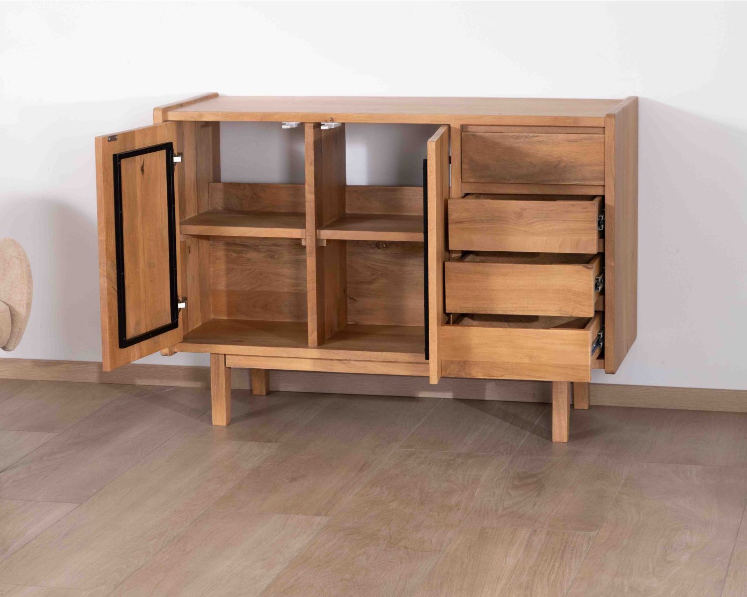 Meuble sous vasque 120 cm avec portes et tiroirs "Kahiko" en manguier teinte chêne clair