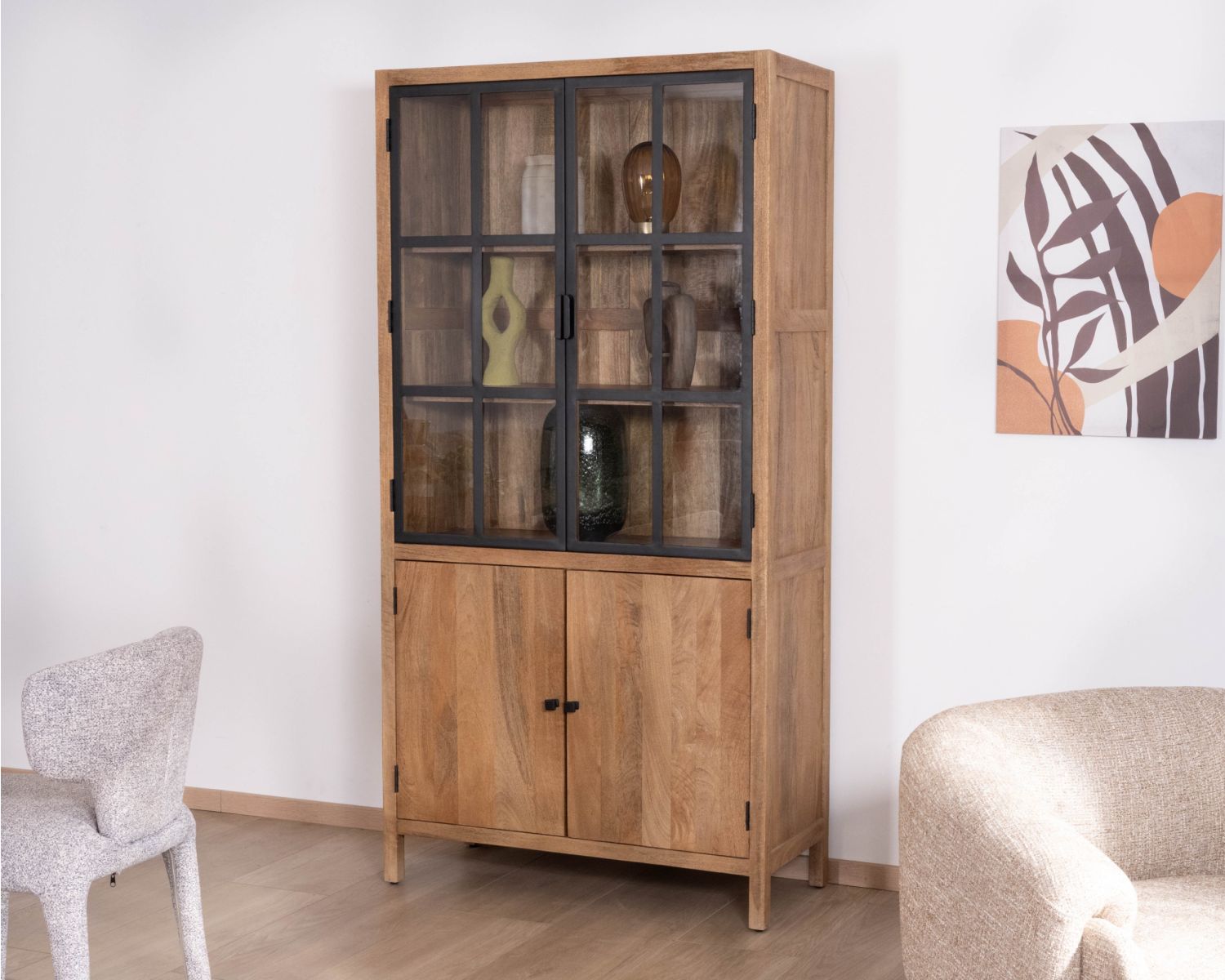 Vaisselier en manguier naturel et portes vitrées "Maestro" 100 cm