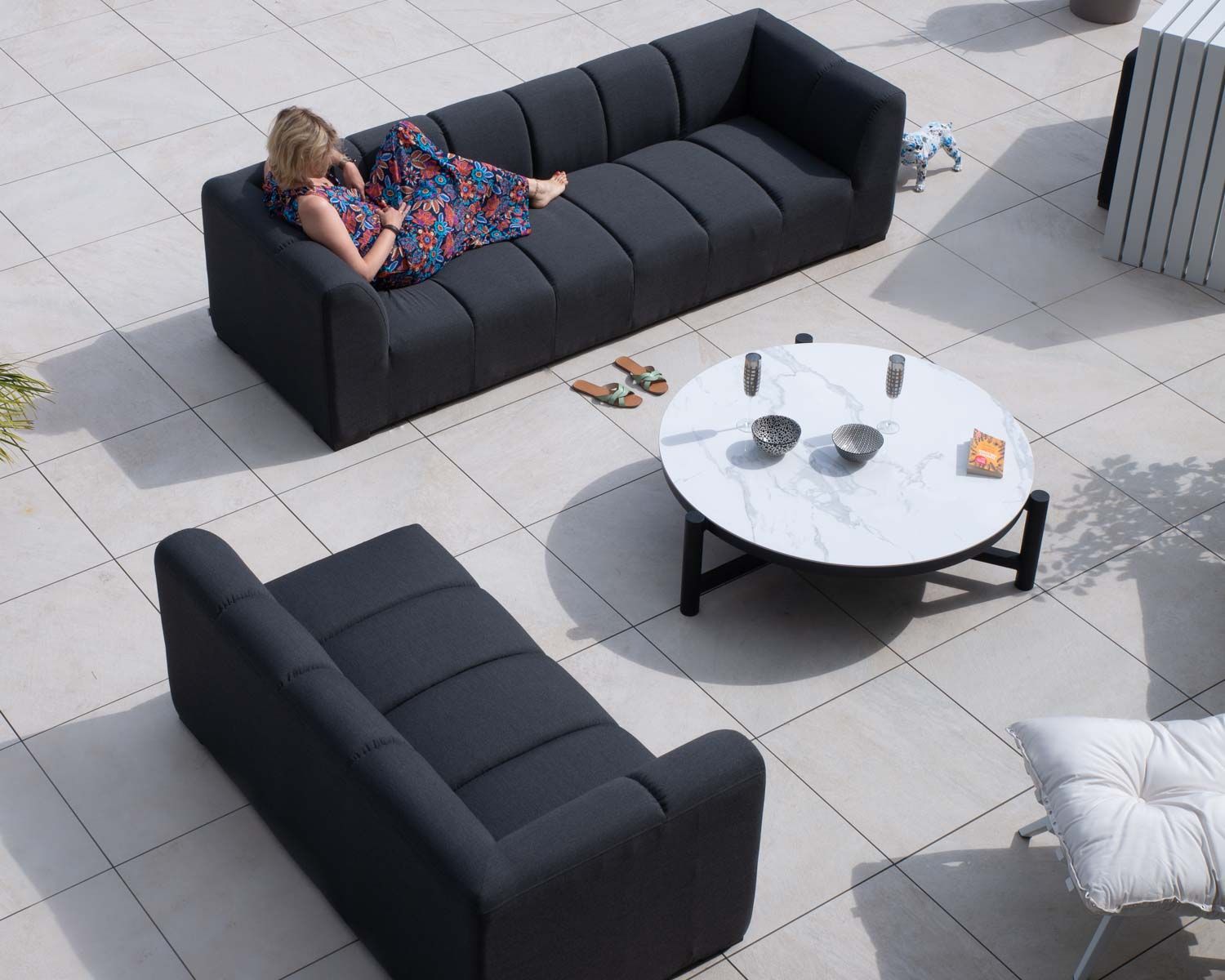 Canapé d'angle spécial extérieur tissu gris foncé haut de gamme "Terrasse"