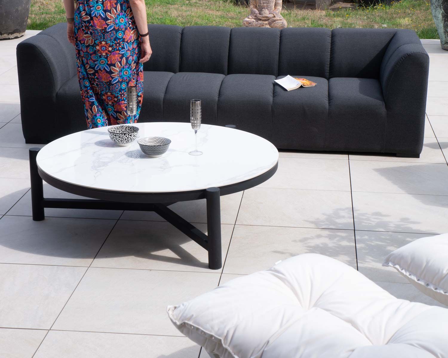 Canapé d'angle spécial extérieur tissu gris foncé haut de gamme "Terrasse"