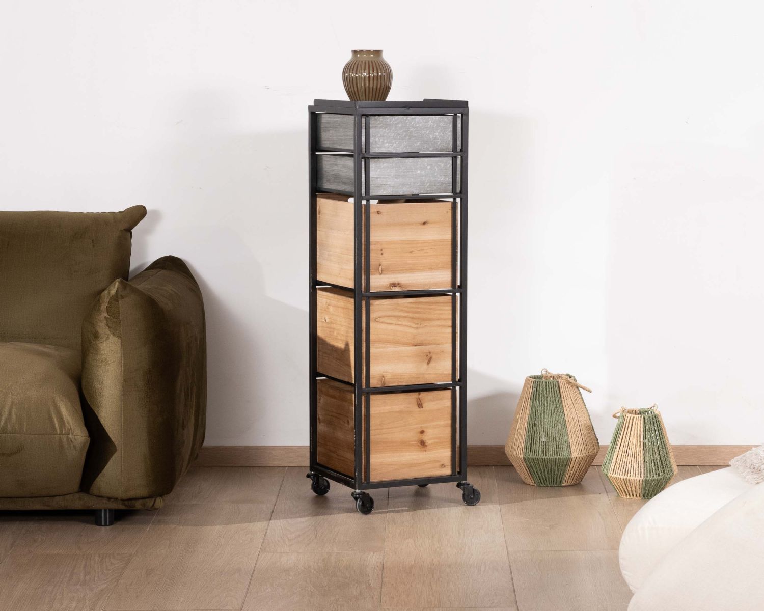 Petite commode déco sur roulettes "Mélimélo Indus" en bois et métal