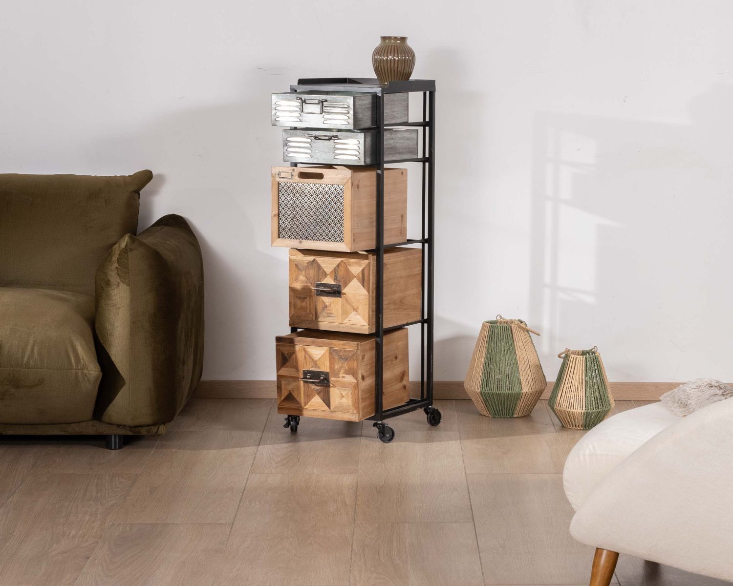 Petite commode déco sur roulettes "Mélimélo Indus" en bois et métal