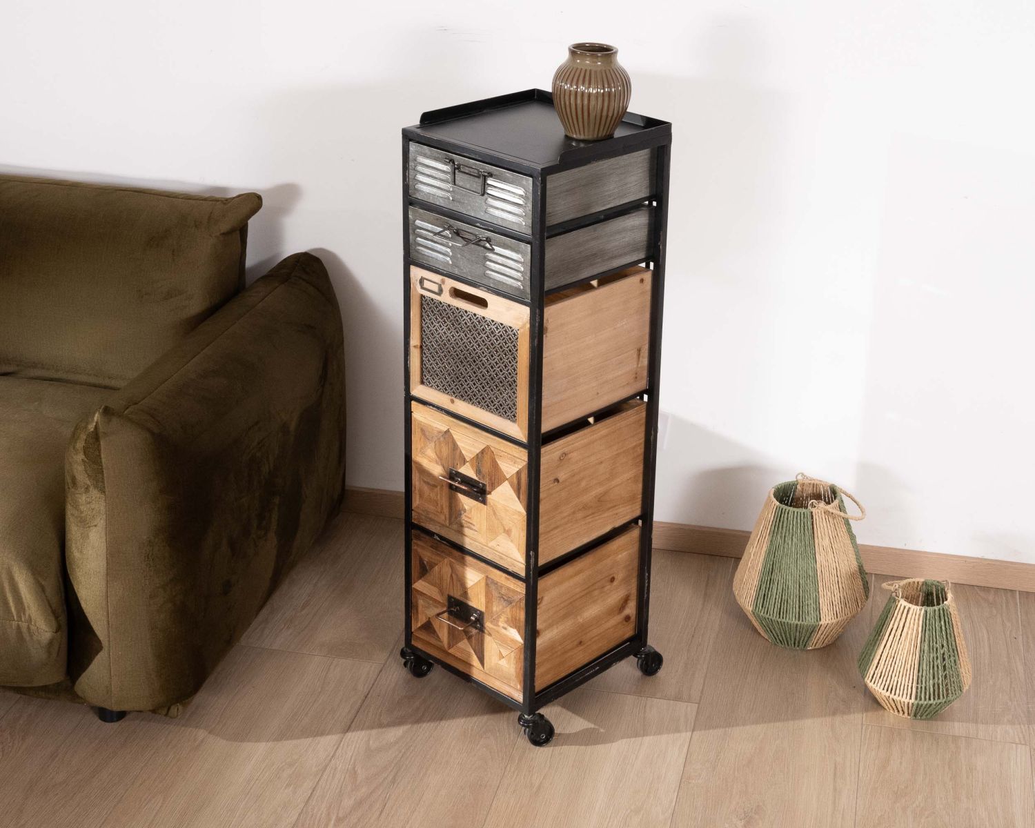 Petite commode déco sur roulettes "Mélimélo Indus" en bois et métal