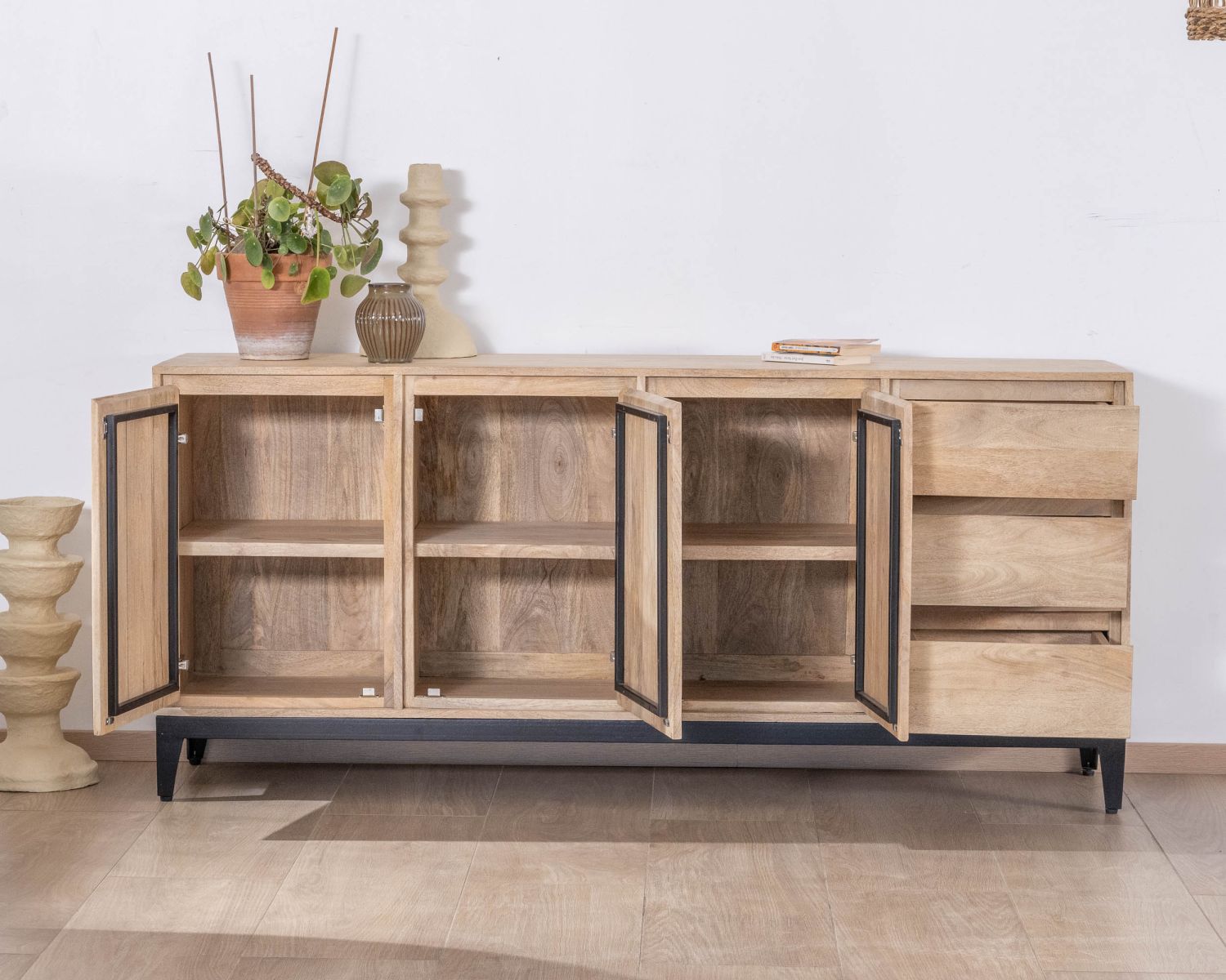 Buffet épuré en manguier massif 180 cm 3 portes et tiroirs "Gola"