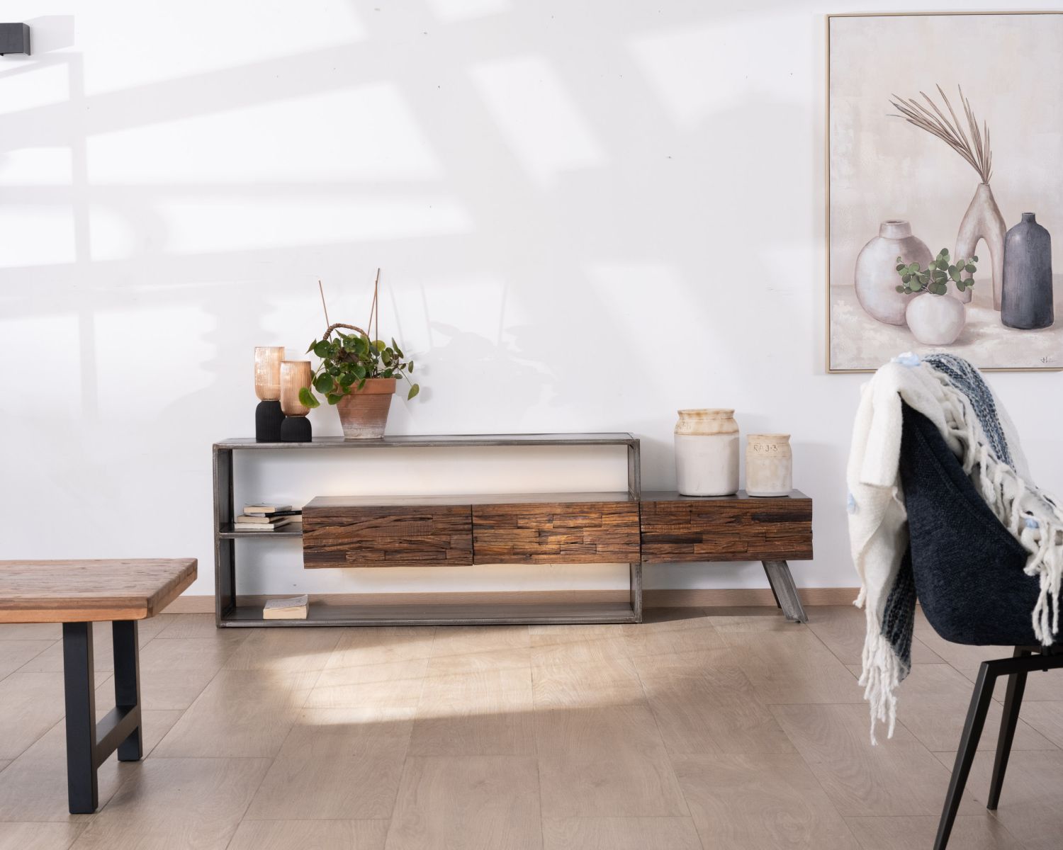 Meuble TV 195 cm original en bois et métal "Crescendo" avec éclairage LEDs