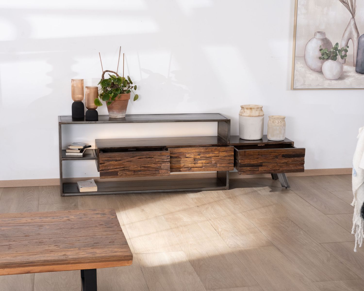 Meuble TV 195 cm original en bois et métal "Crescendo" avec éclairage LEDs