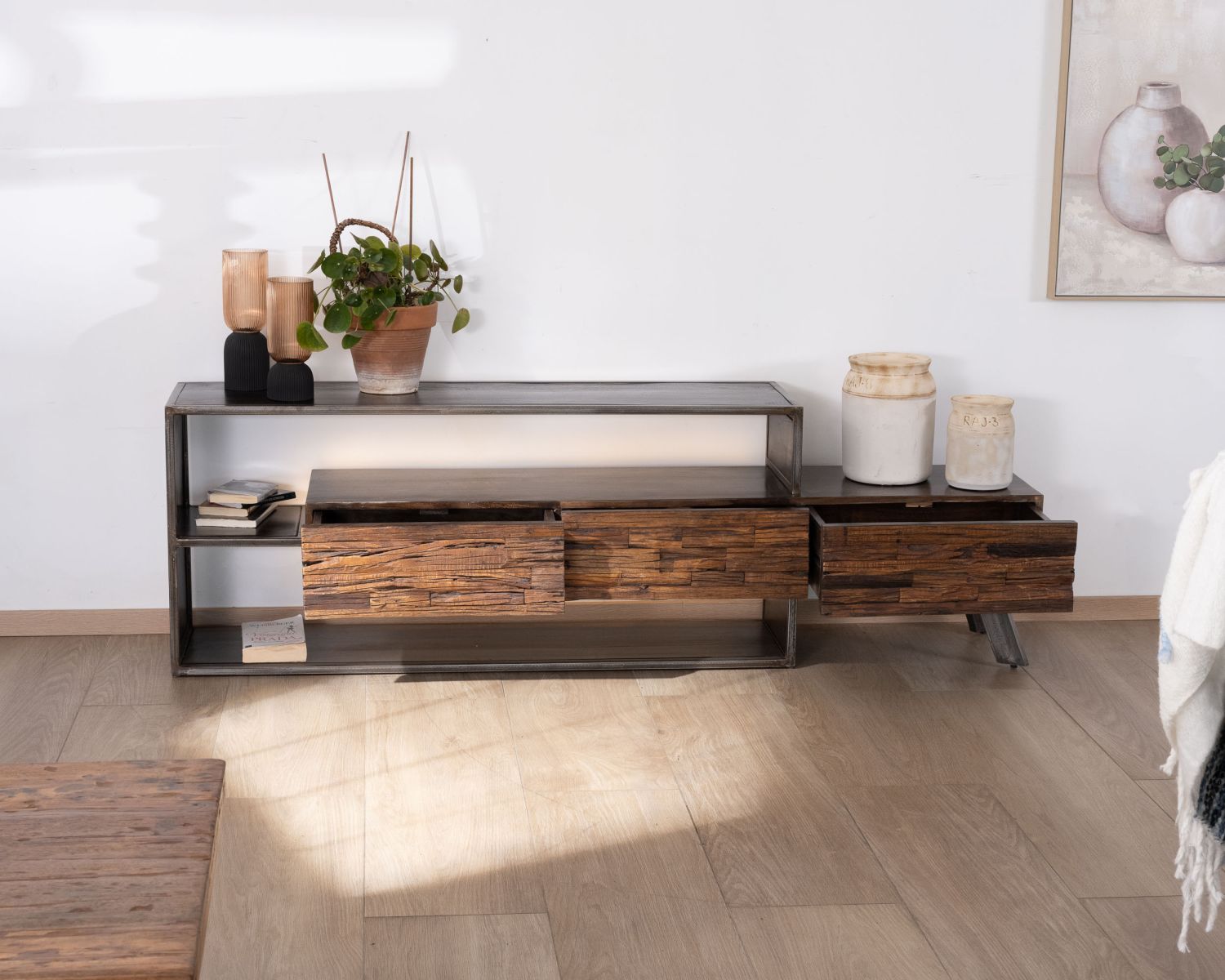 Meuble TV 195 cm original en bois et métal "Crescendo" avec éclairage LEDs