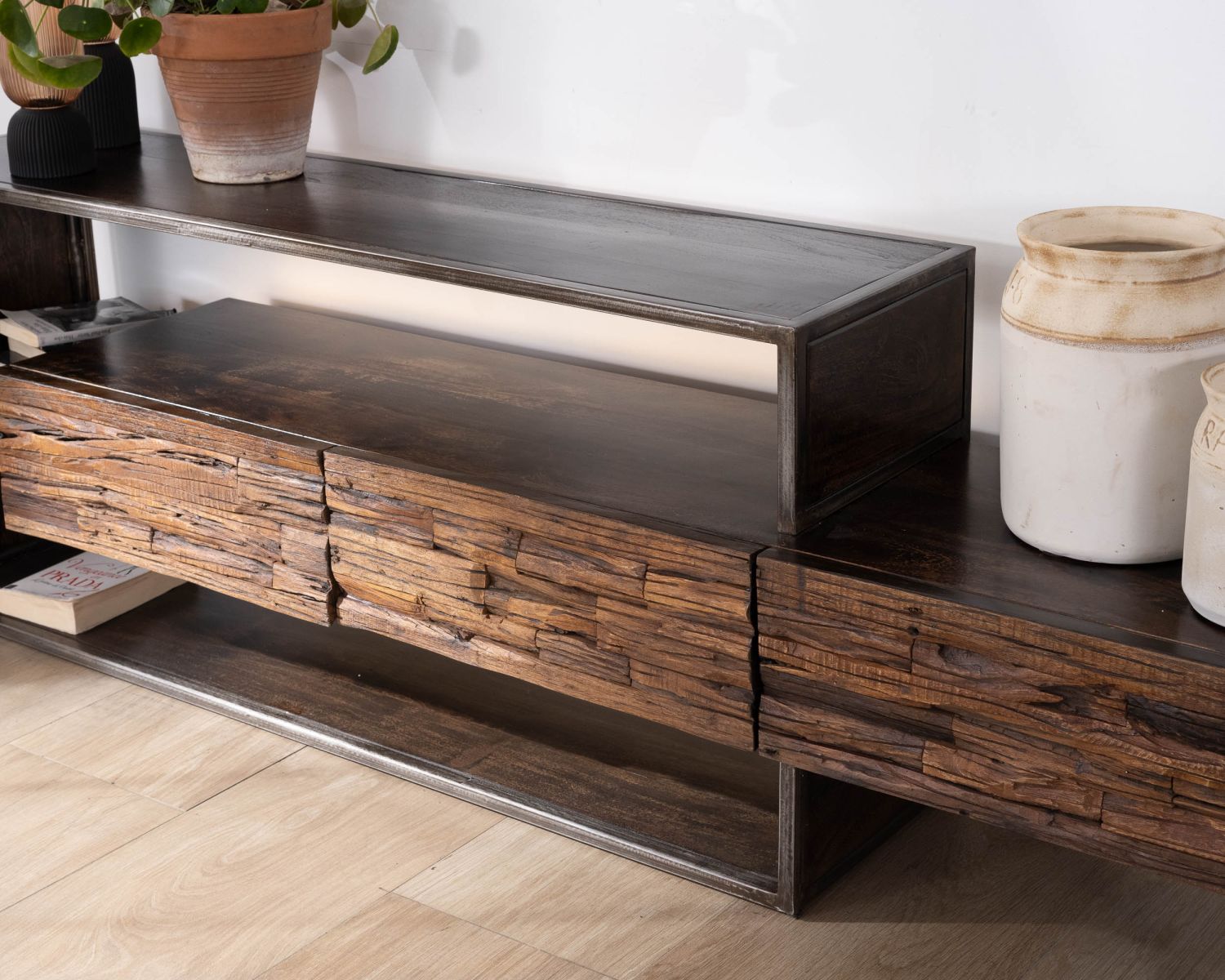 Meuble TV 195 cm original en bois et métal "Crescendo" avec éclairage LEDs