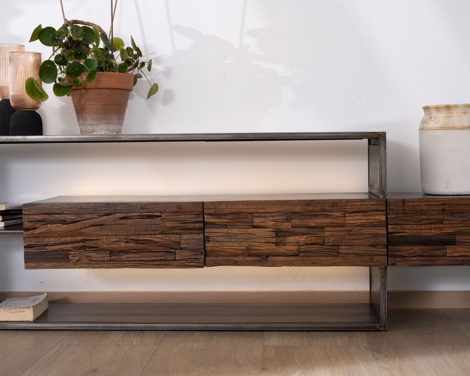 Meuble TV 195 cm original en bois et métal "Crescendo" avec éclairage LEDs