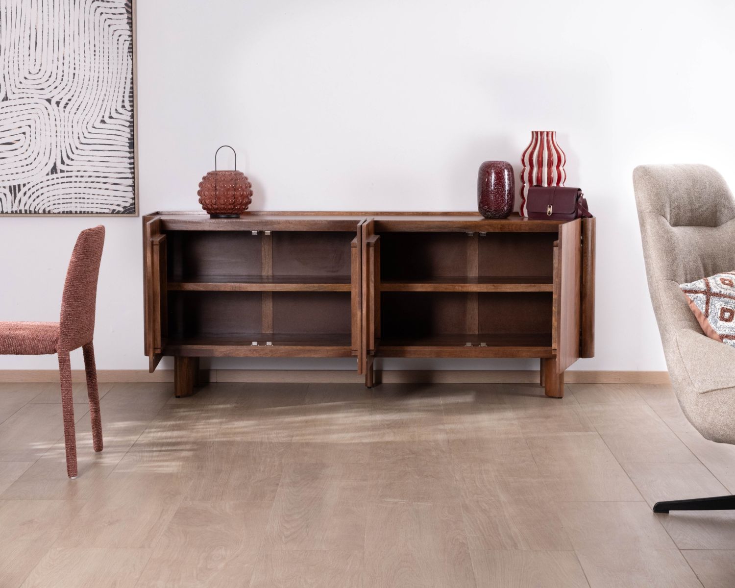 Buffet enfilade 4 portes 200 cm en manguier massif foncé "Malaké" style Japandi