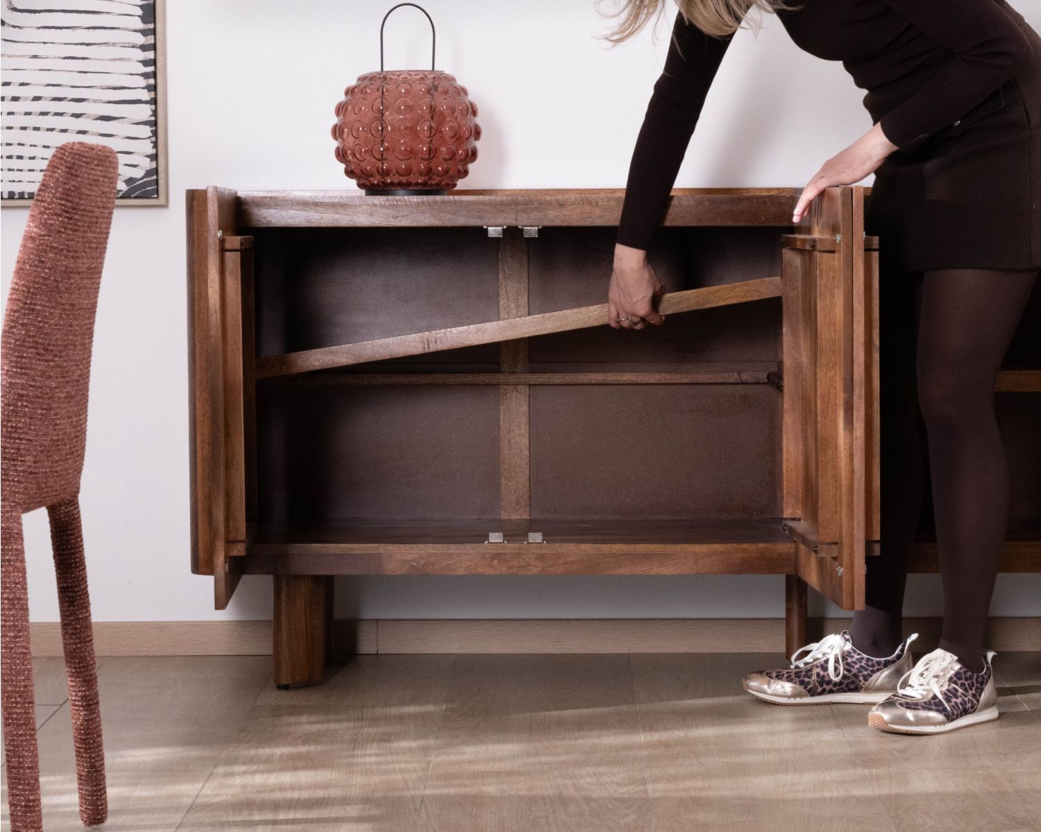 Buffet enfilade 4 portes 200 cm en manguier massif foncé "Malaké" style Japandi