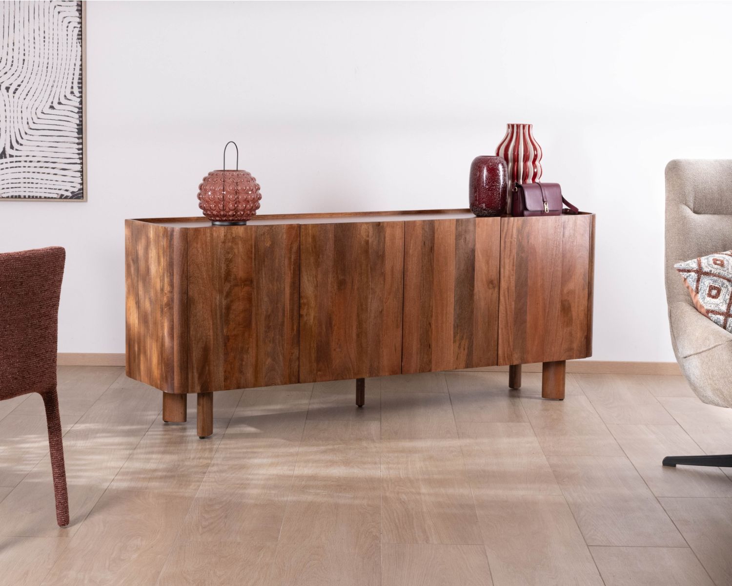 Buffet enfilade 4 portes 200 cm en manguier massif foncé "Malaké" style Japandi