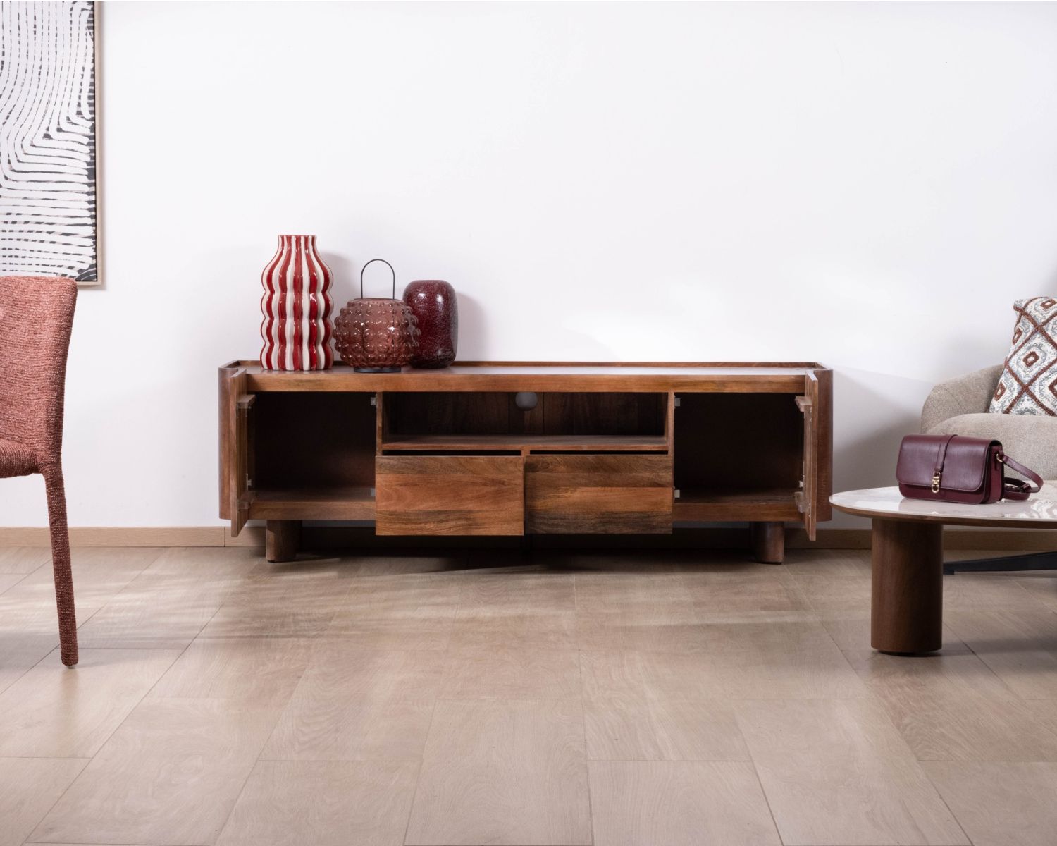 Meuble TV 175 cm en manguier massif style contemporain minimaliste "Malaké"