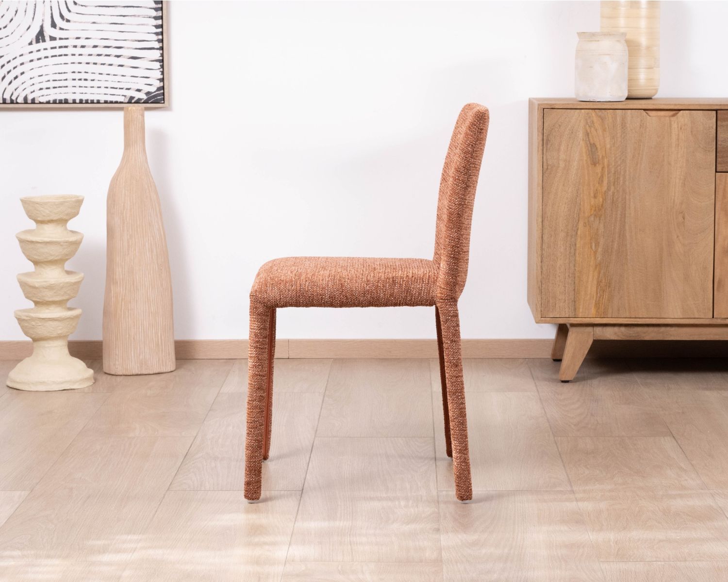 Lot de 4 chaises de repas empilables “Otto” design épuré avec habillage intégral en tissu terracotta