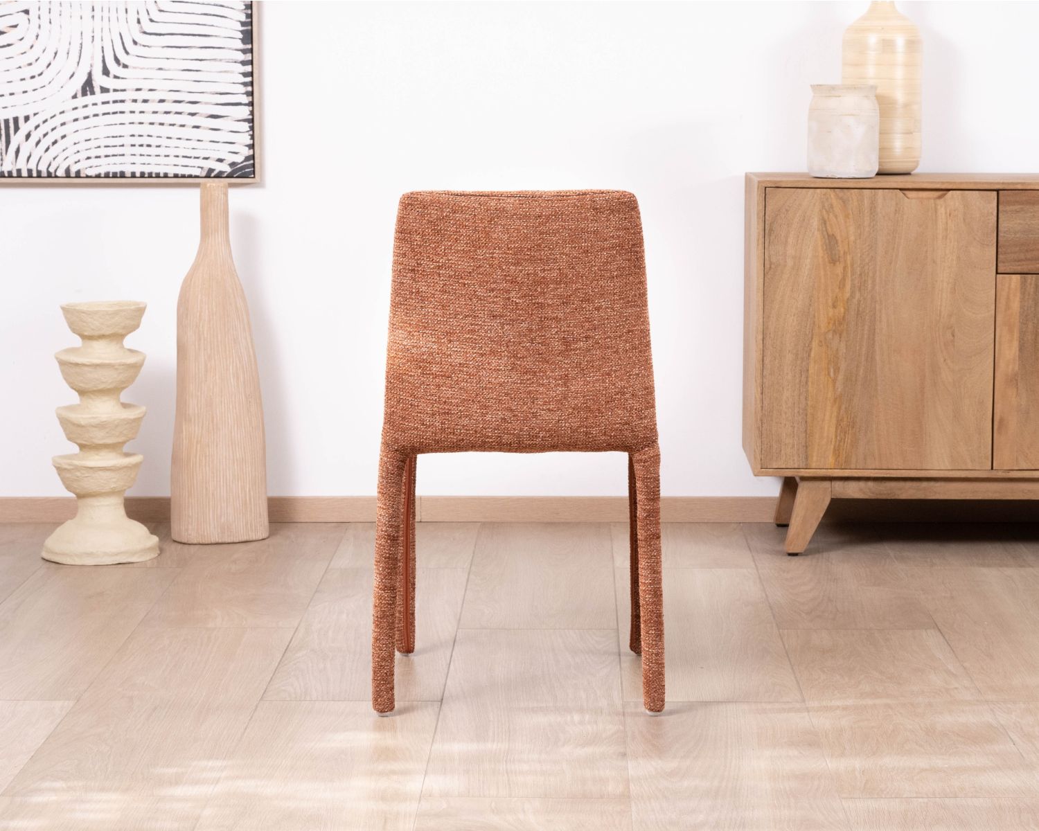 Lot de 4 chaises de repas empilables “Otto” design épuré avec habillage intégral en tissu terracotta