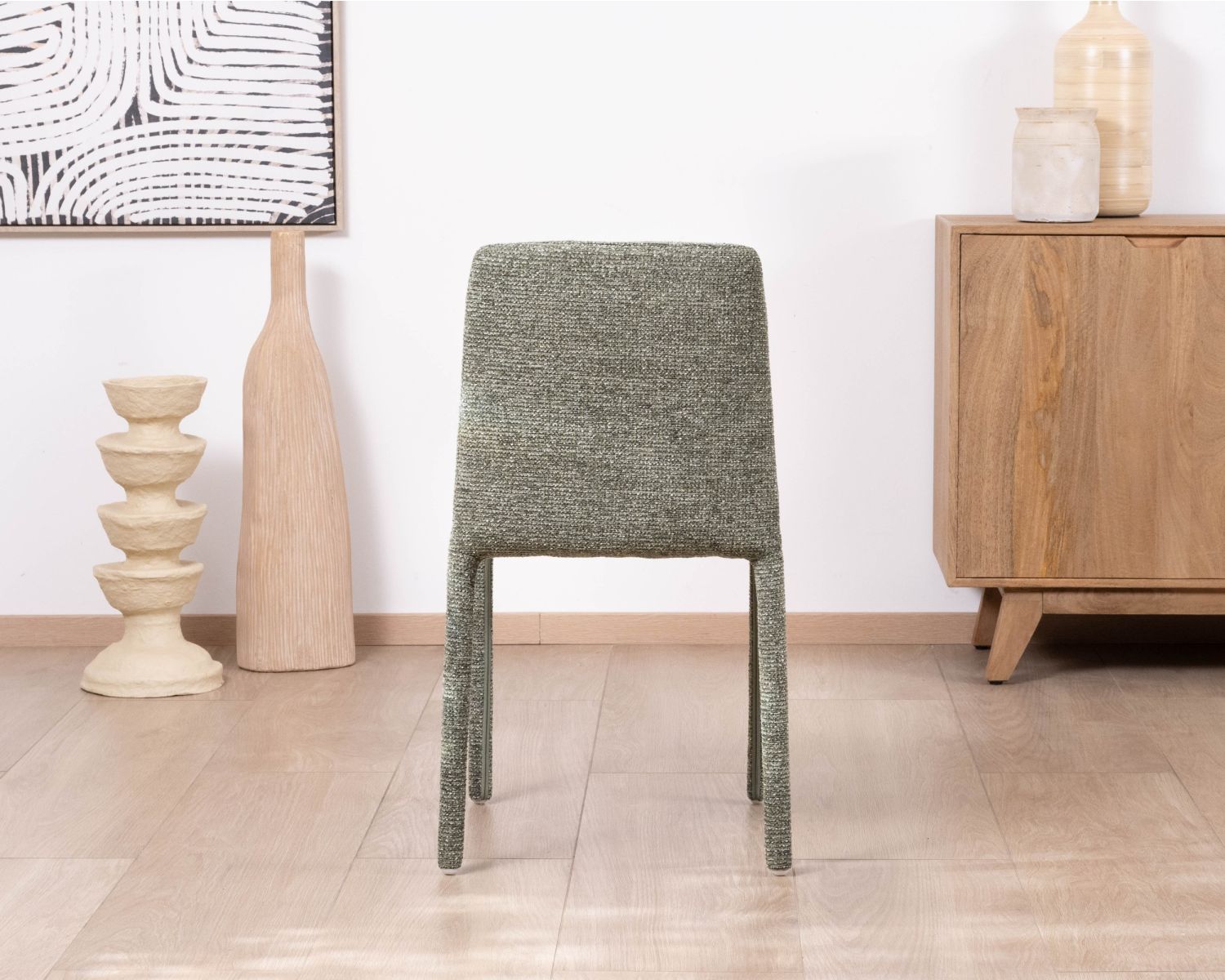 Lot de 4 chaises de repas contemporaines “Otto” revêtement textile intégral en tissu vert sauge chiné