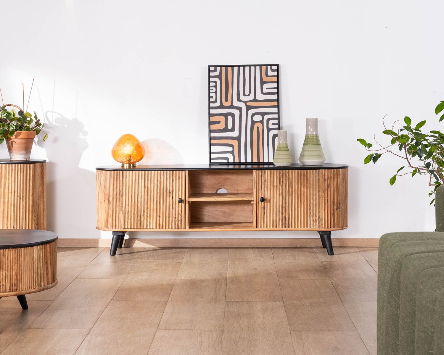 Grand meuble TV bicolore bois et noir design arrondi vintage "Boogie" 175cm