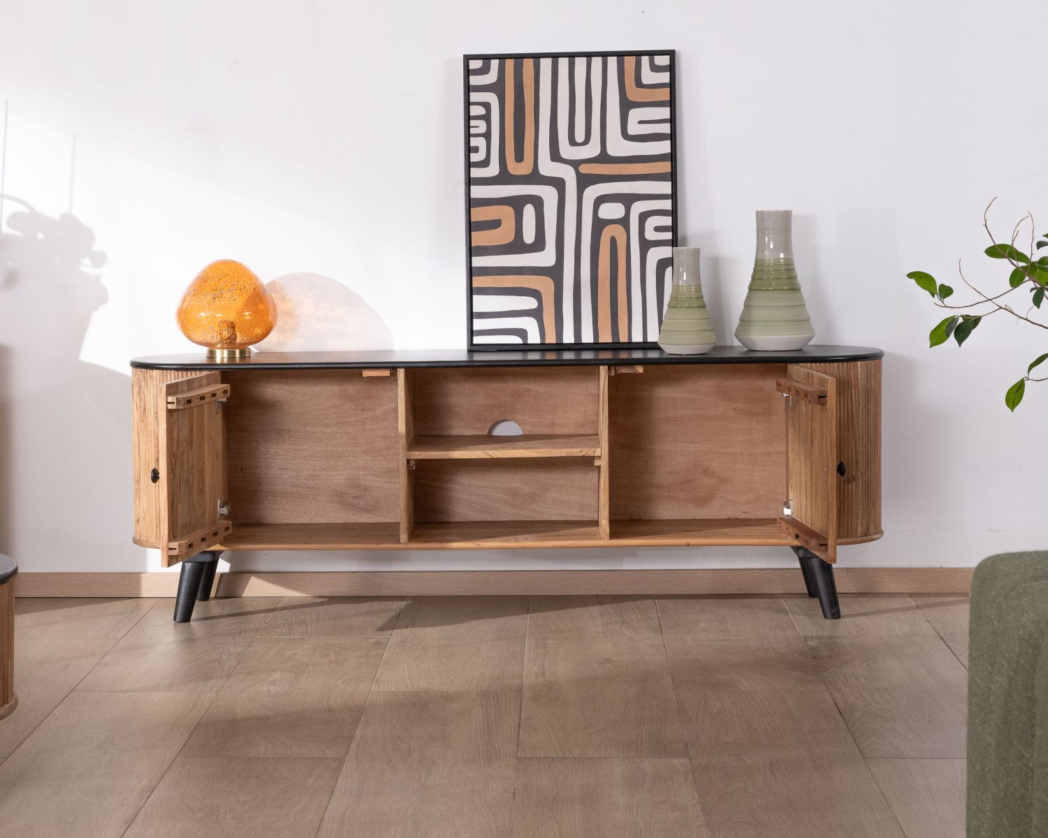 Grand meuble TV bicolore bois et noir design arrondi vintage "Boogie" 175cm