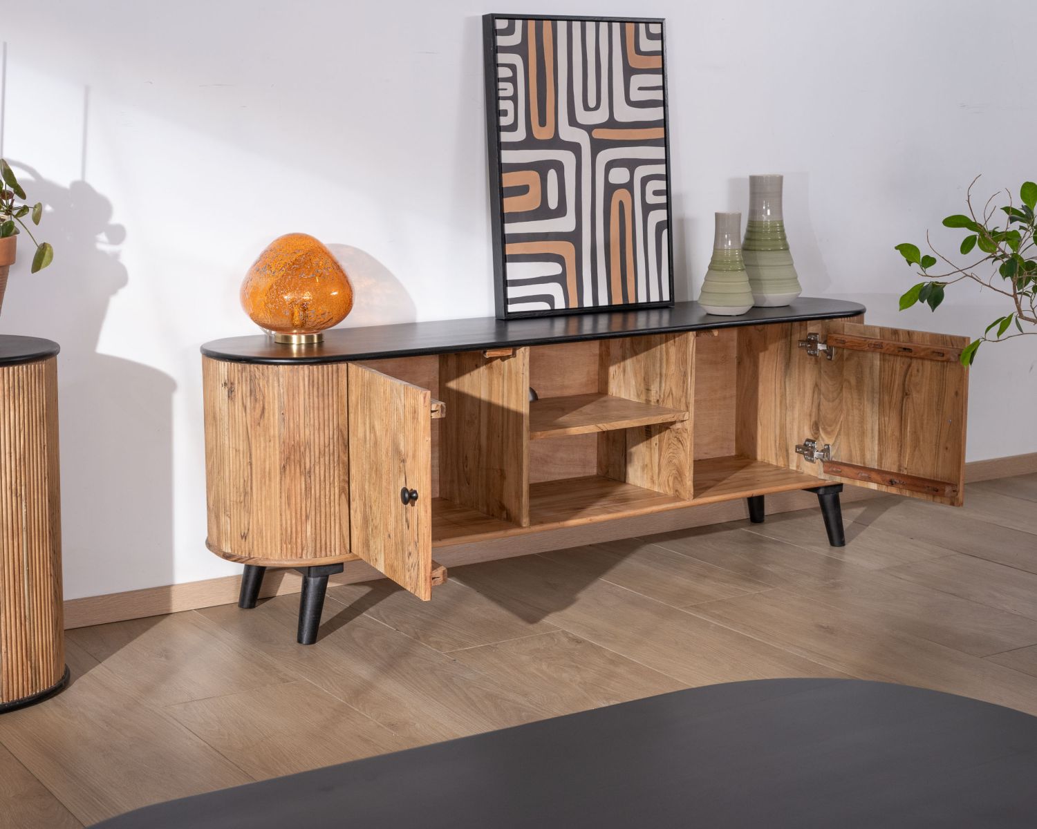 Grand meuble TV bicolore bois et noir design arrondi vintage "Boogie" 175cm