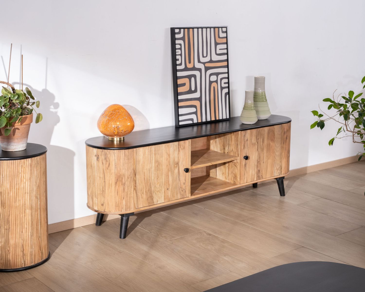 Grand meuble TV bicolore bois et noir design arrondi vintage "Boogie" 175cm