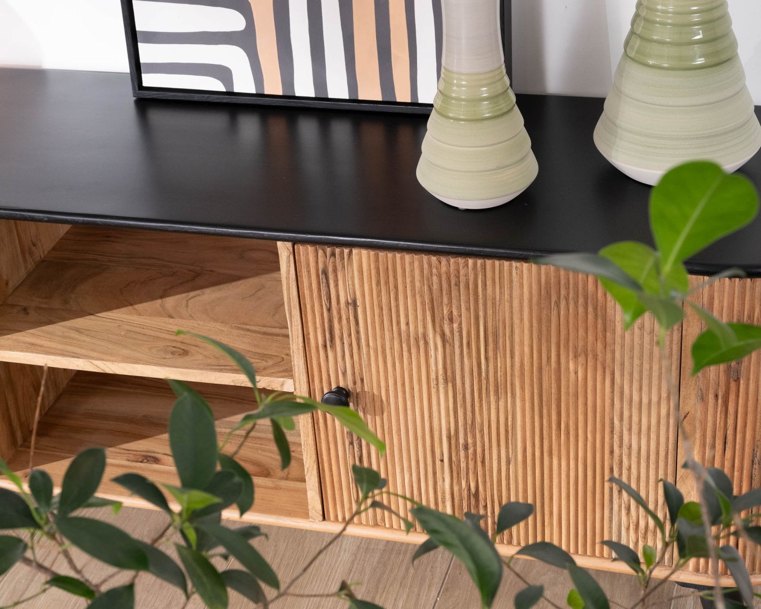 Grand meuble TV bicolore bois et noir design arrondi vintage "Boogie" 175cm