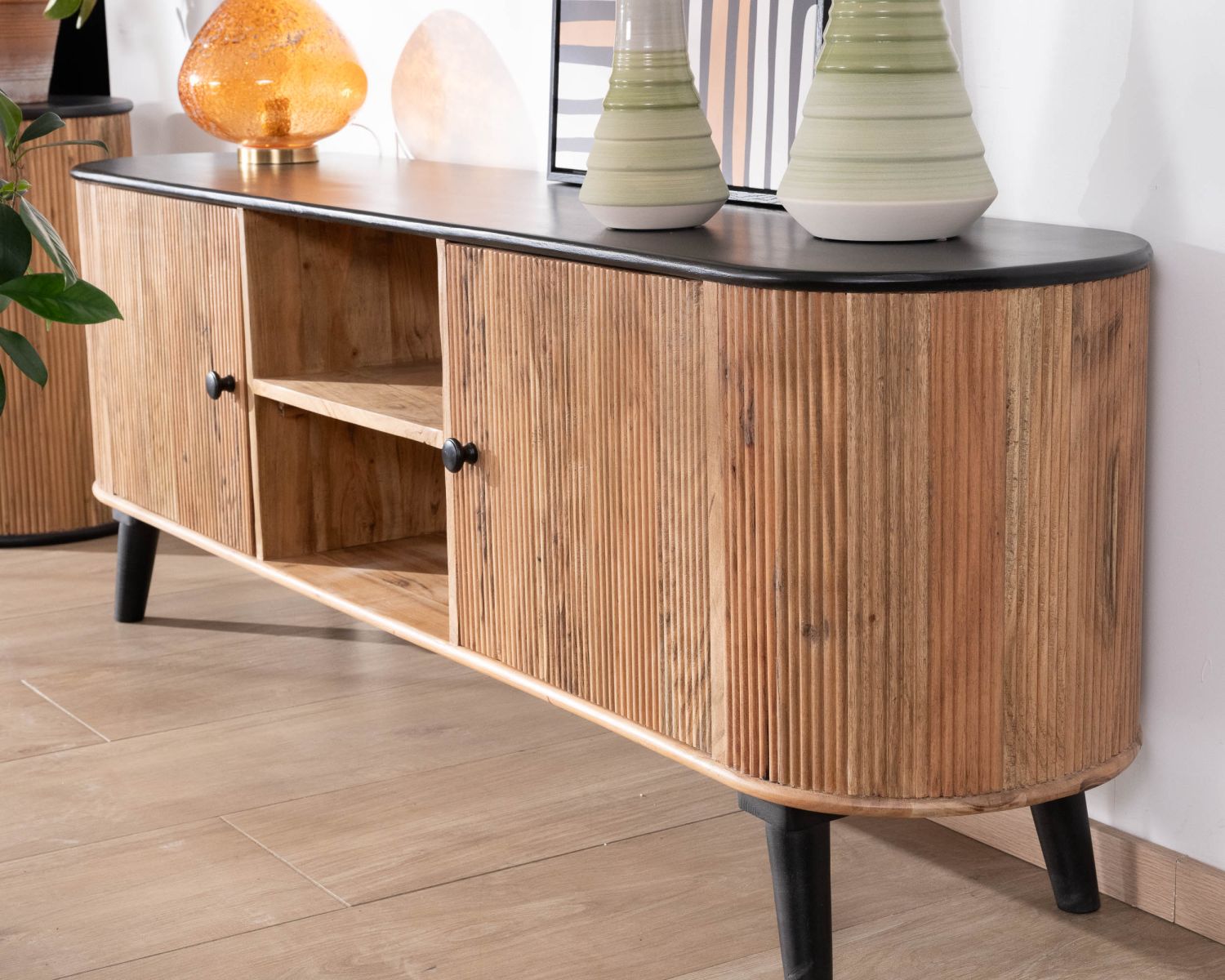 Grand meuble TV bicolore bois et noir design arrondi vintage "Boogie" 175cm