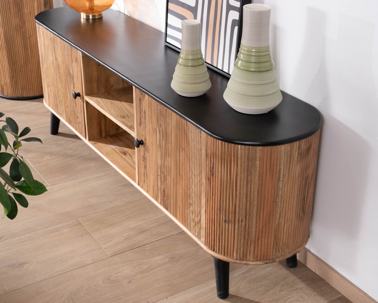 Grand meuble TV bicolore bois et noir design arrondi vintage "Boogie" 175cm