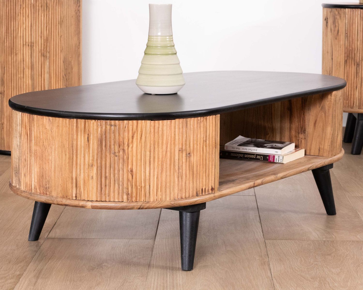 Table basse vintage design arrondi en acacia naturel et noir "Boogie"
