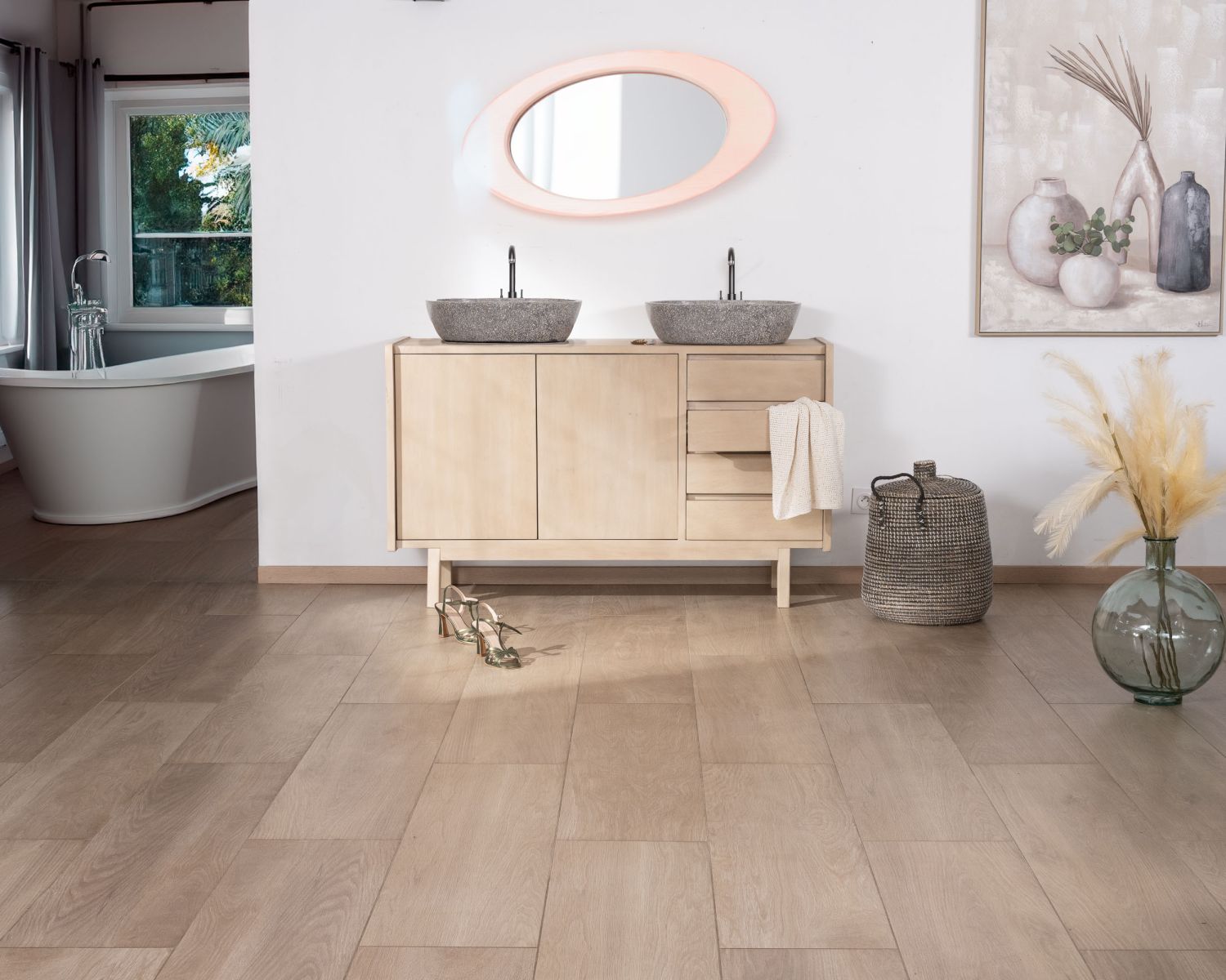 Meuble sous vasque 140 cm en manguier blanchi avec portes et tiroirs "Kahiko"