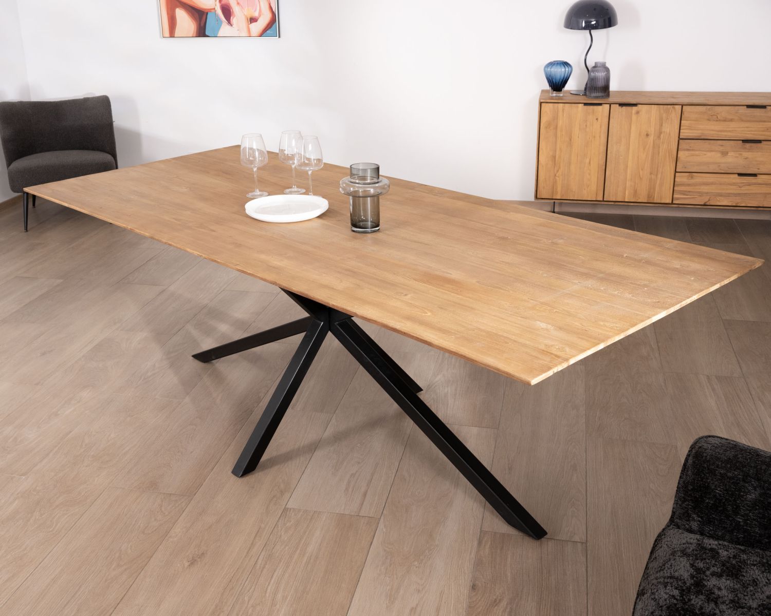Grande table de repas en teck recyclé et pieds mikado "Bahia" 240 cm