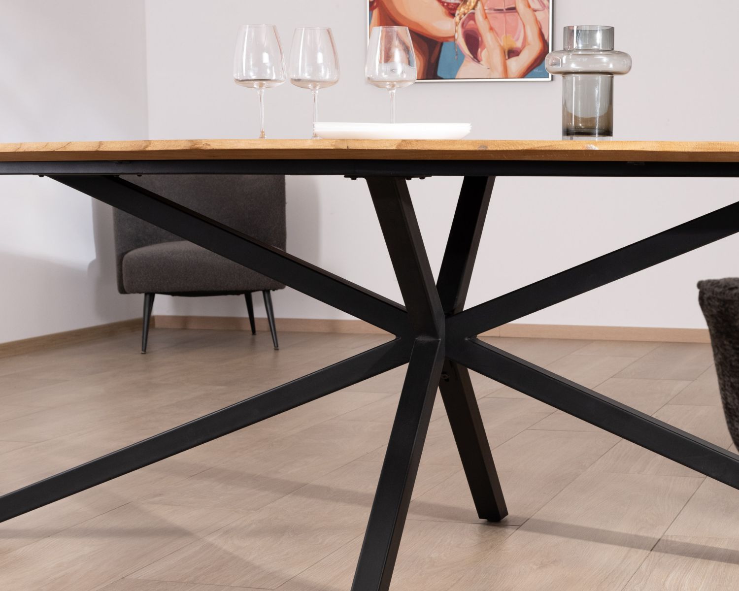 Table à manger XXL 280 cm en teck recyclé et pieds mikado "Bahia" forme bateau