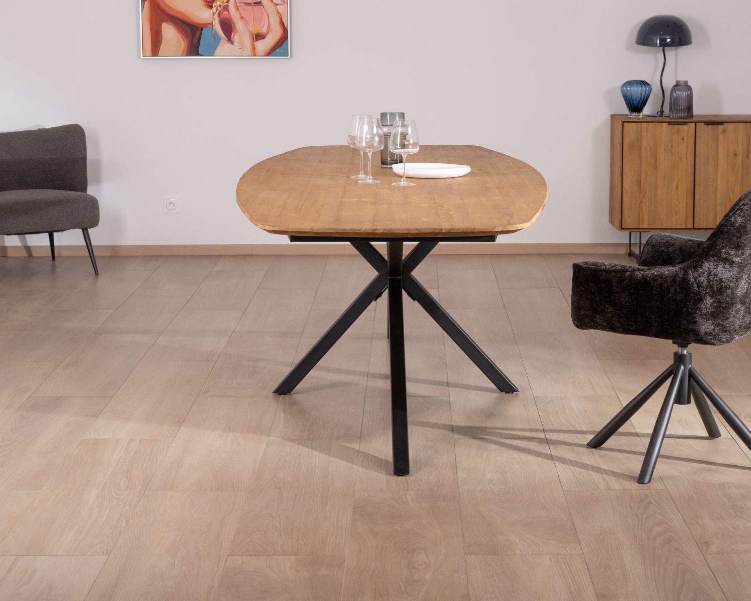 Table à manger XXL 280 cm en teck recyclé et pieds mikado "Bahia" forme bateau