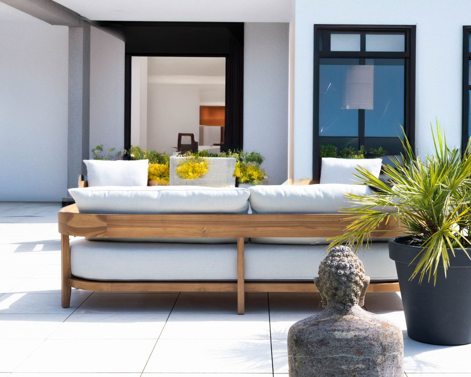 Salon de jardin teck naturel et tissu clair "Orchaise" ensemble canapé 3 places et fauteuils