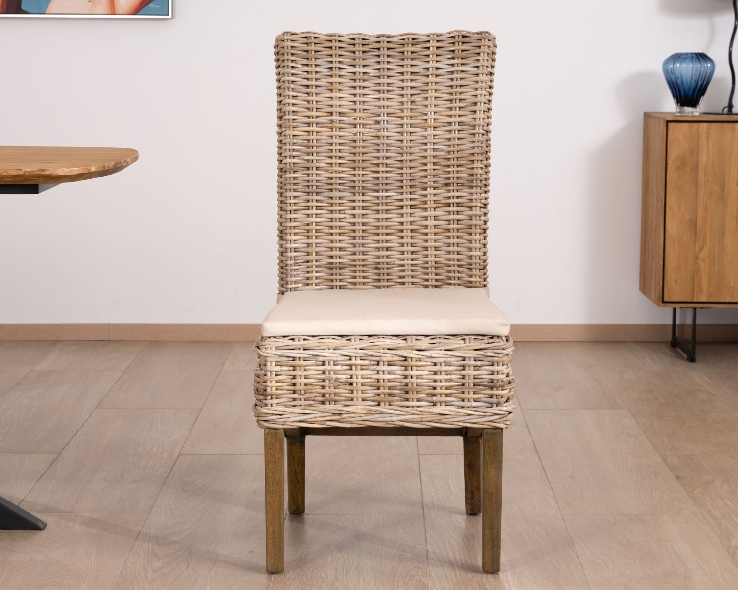 Elégante chaise de repas en rotin tressé avec galette d'assise en tissu "Noho"