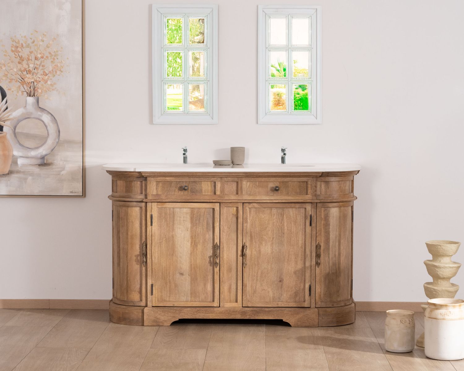 Meuble de salle de bain deux vasques bois et quartz 150cm "Églantine"