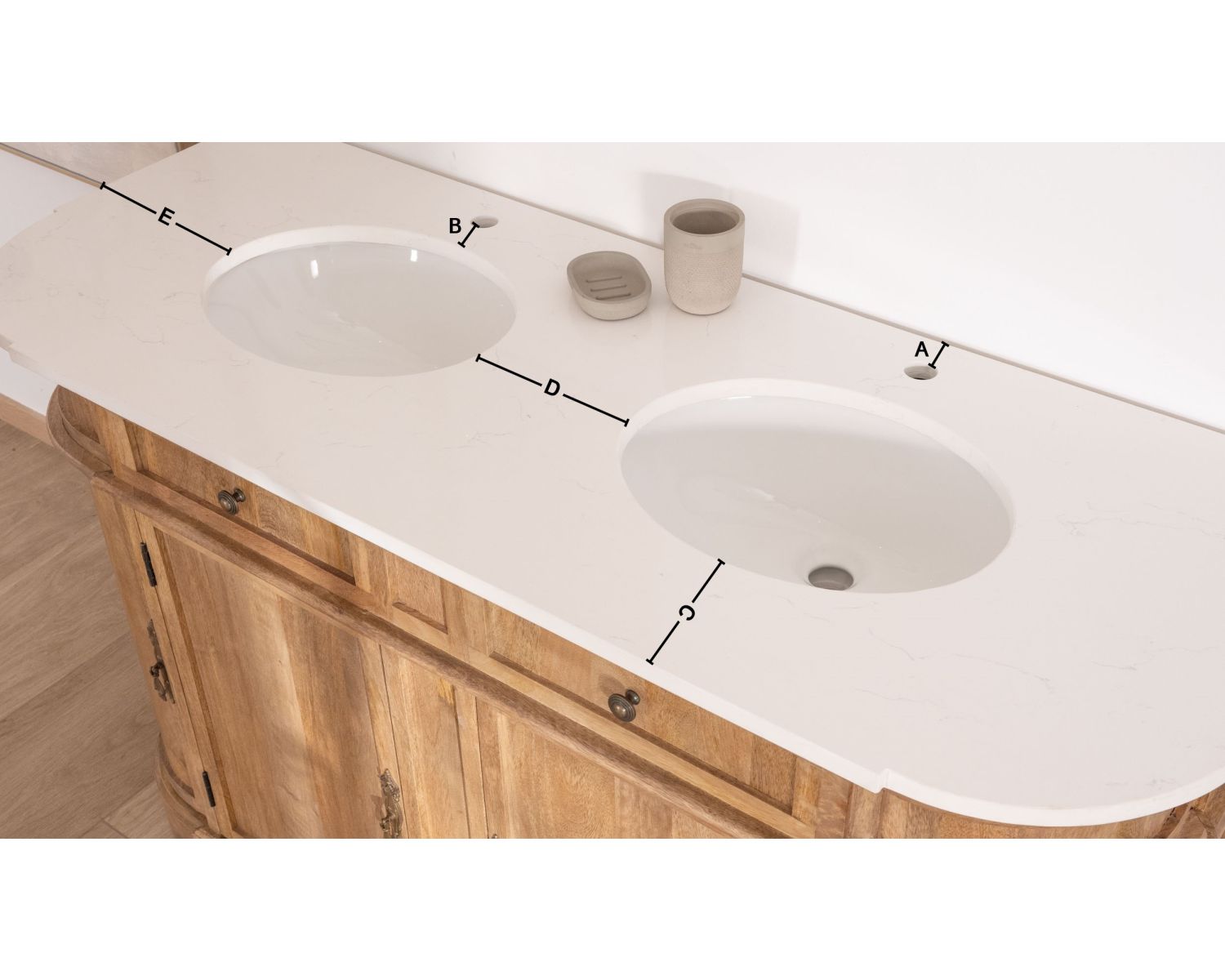 Meuble de salle de bain deux vasques bois et quartz 150cm "Églantine"