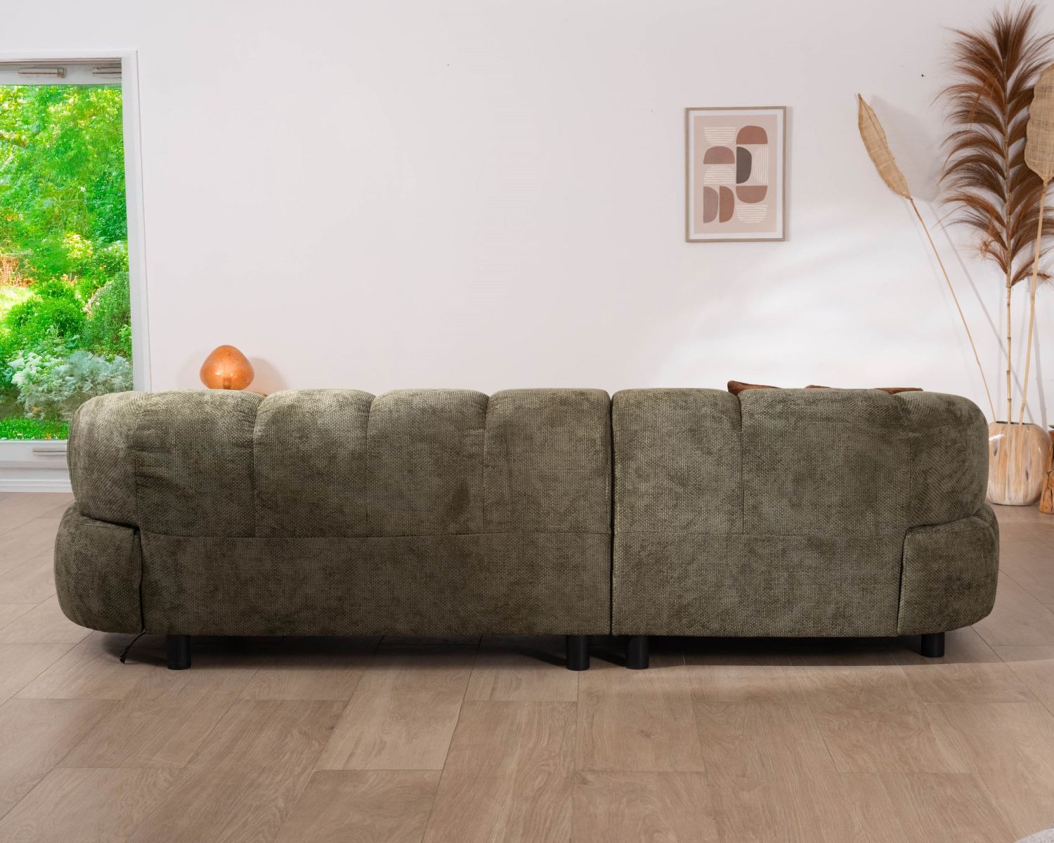 Canapé en tissu vert avec extension électrique et méridienne retour gauche "Syltan"