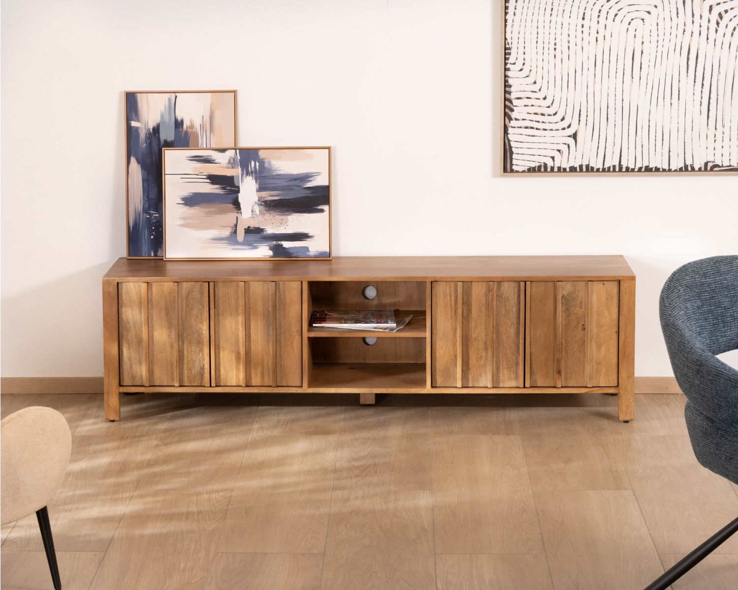 Meuble TV rétro-chic en manguier massif naturel 180 cm « Sicaly »