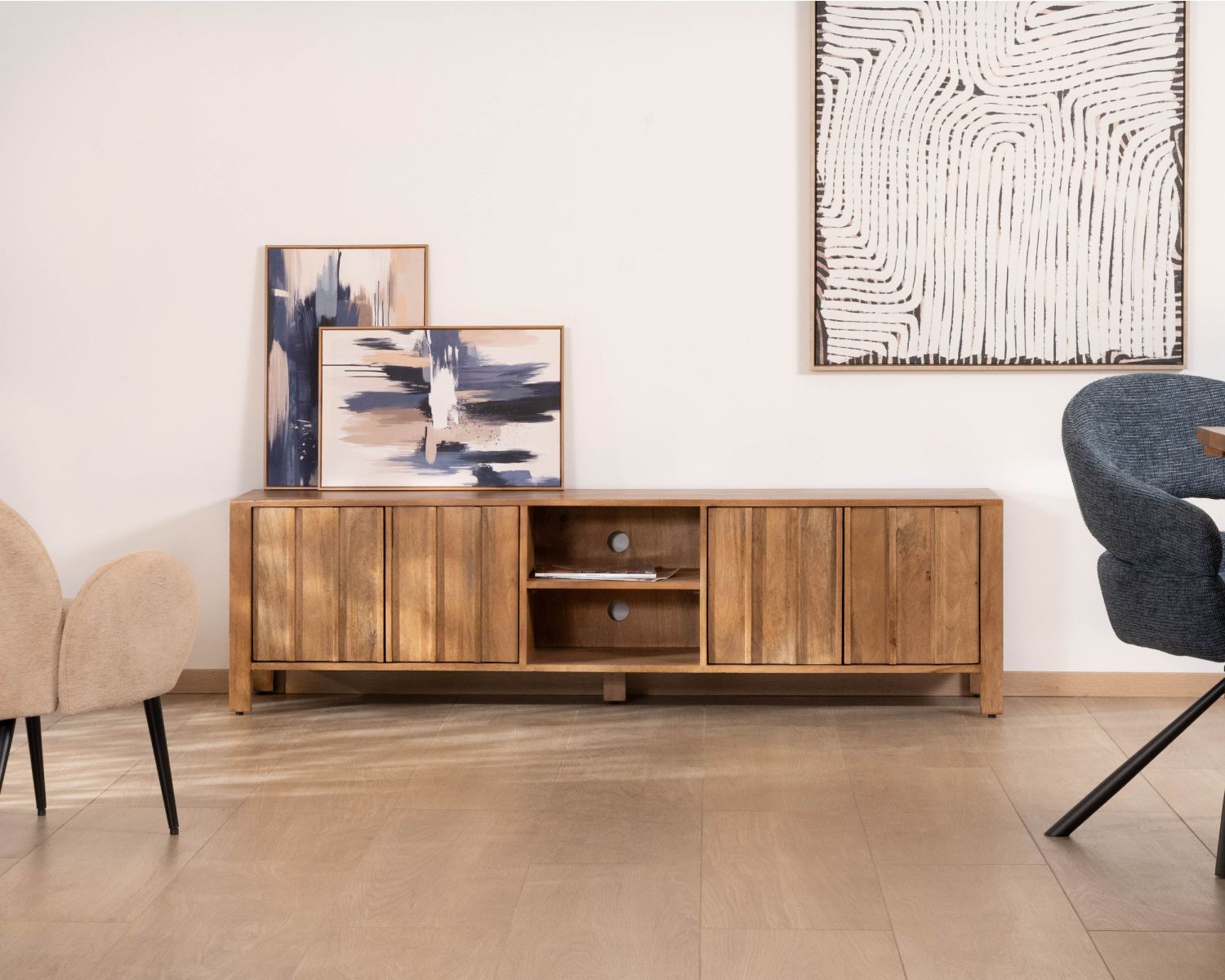 Meuble TV rétro-chic en manguier massif naturel 180 cm « Sicaly »