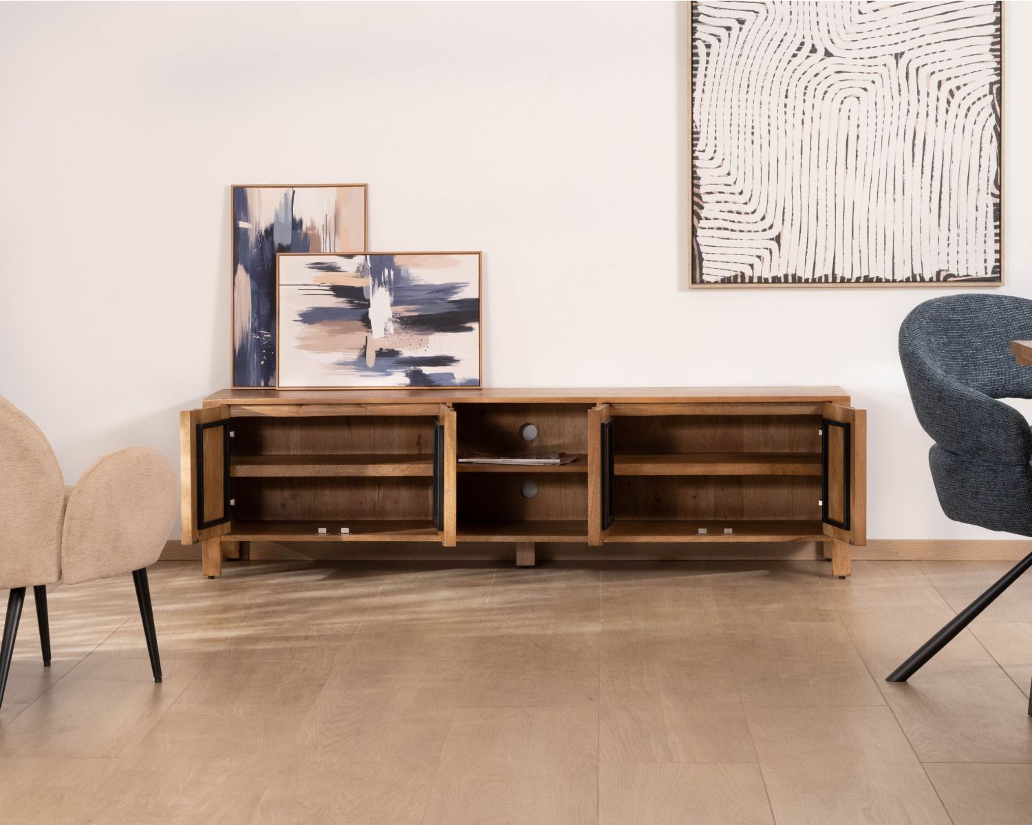 Meuble TV rétro-chic en manguier massif naturel 180 cm « Sicaly »