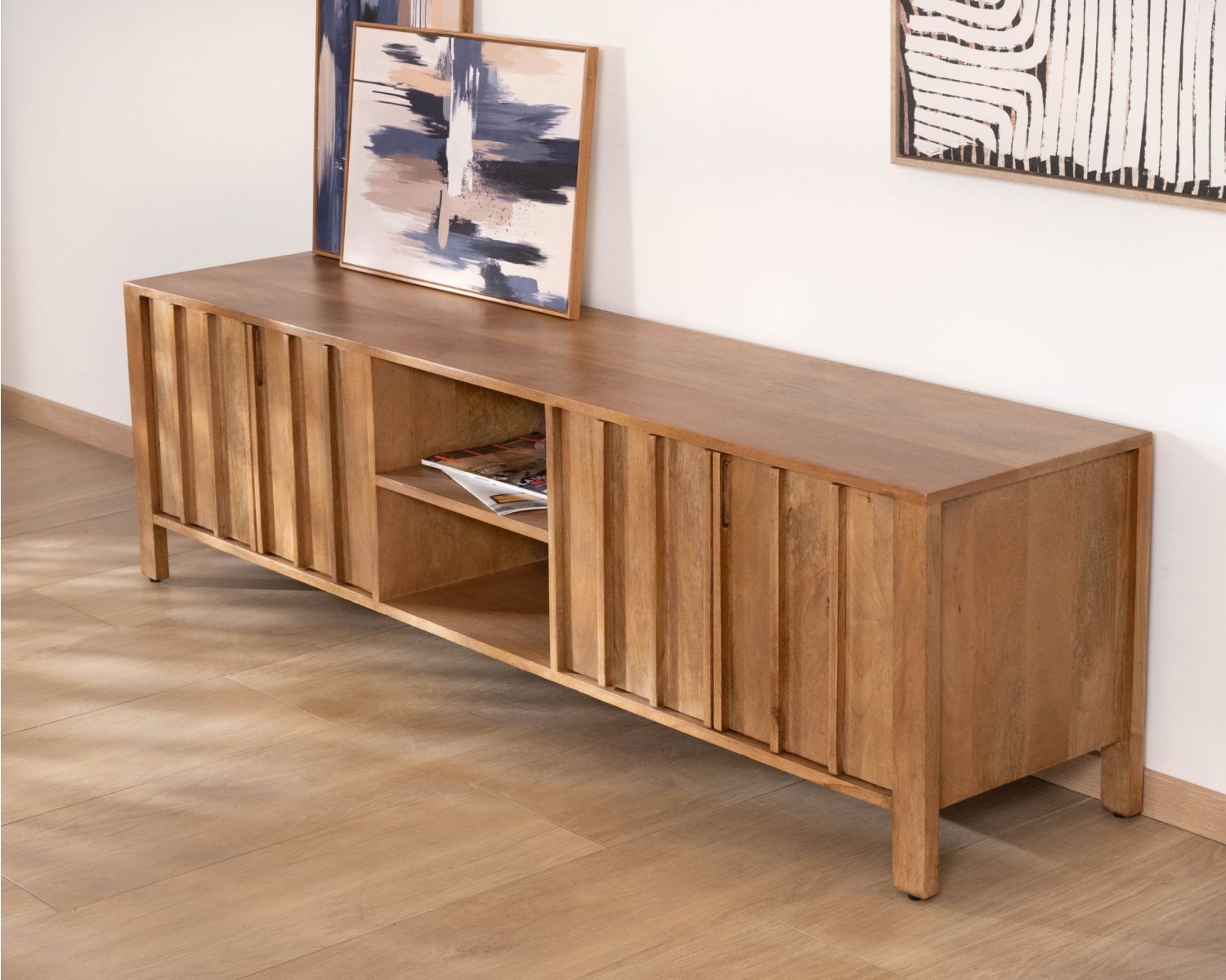 Meuble TV rétro-chic en manguier massif naturel 180 cm « Sicaly »