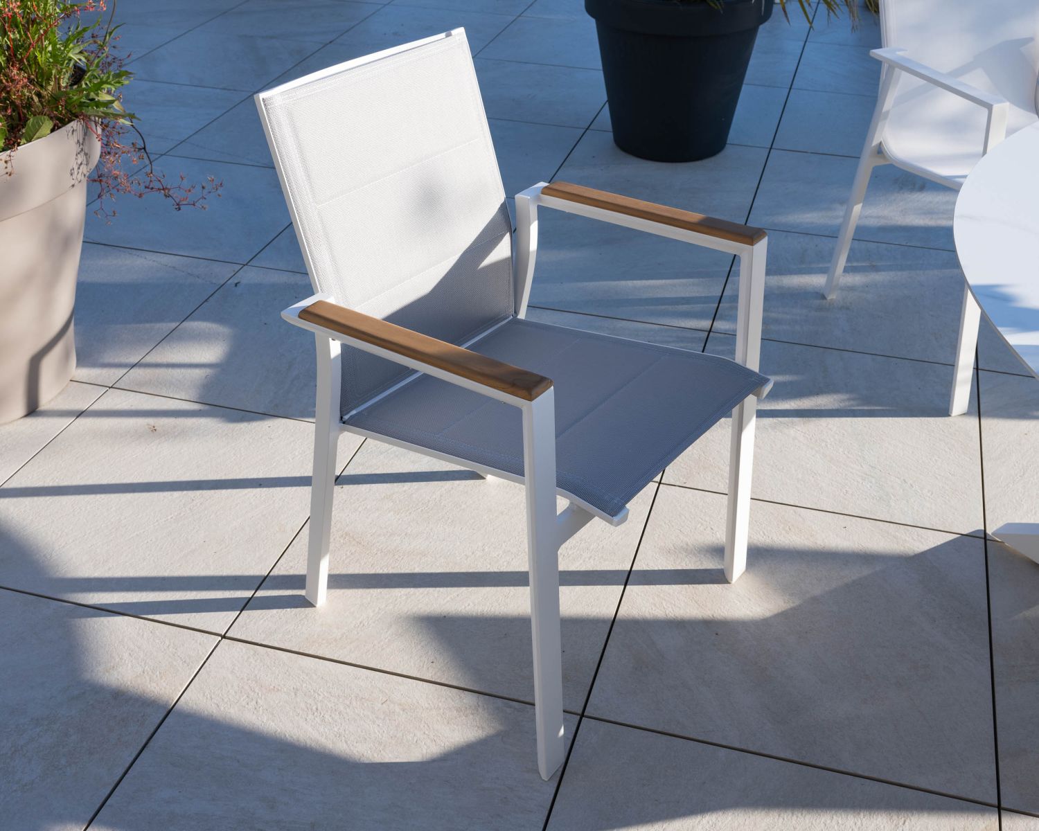 Chaise de repas design spécial extérieur en aluminium blanc "Dolce Vita" avec accoudoirs en teck 