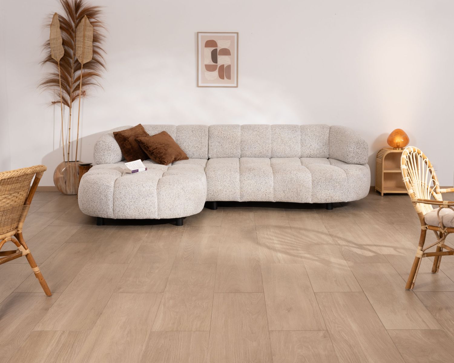 Canapé avec extension électrique et méridienne "Syltan" tissu tramé blanc cassé ultra confort