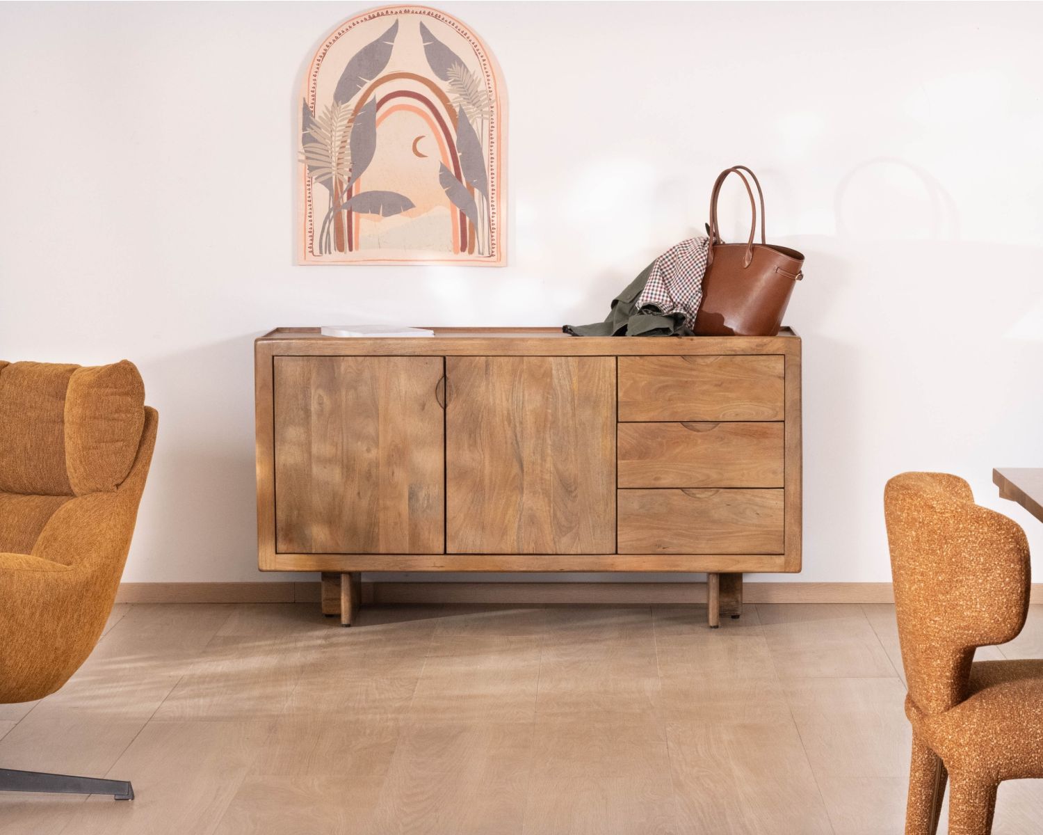 Buffet rétro en manguier massif avec tiroirs finition naturelle "Odely" 150 cm