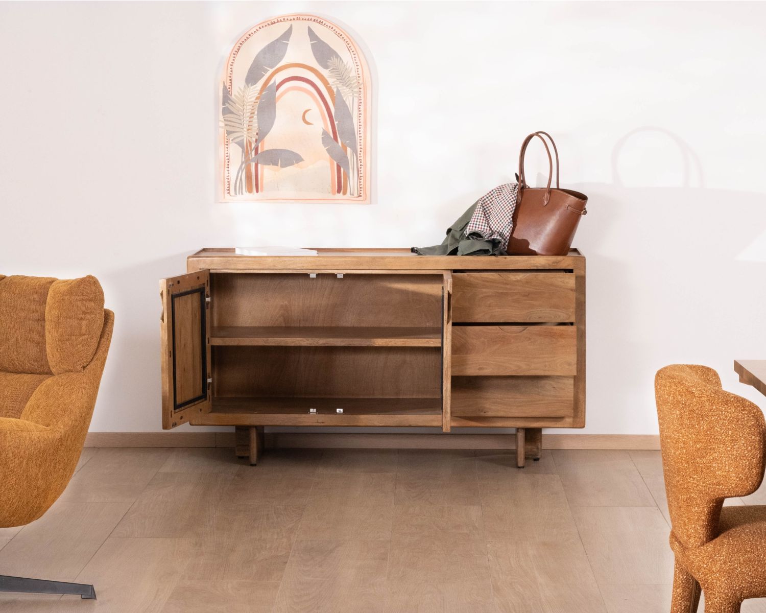 Buffet rétro en manguier massif avec tiroirs finition naturelle "Odely" 150 cm