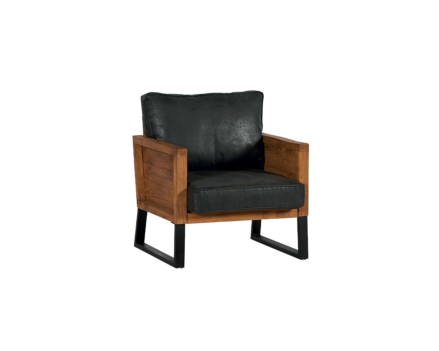 Fauteuil club en tissu imitation cuir anthracite & teck "Roster"