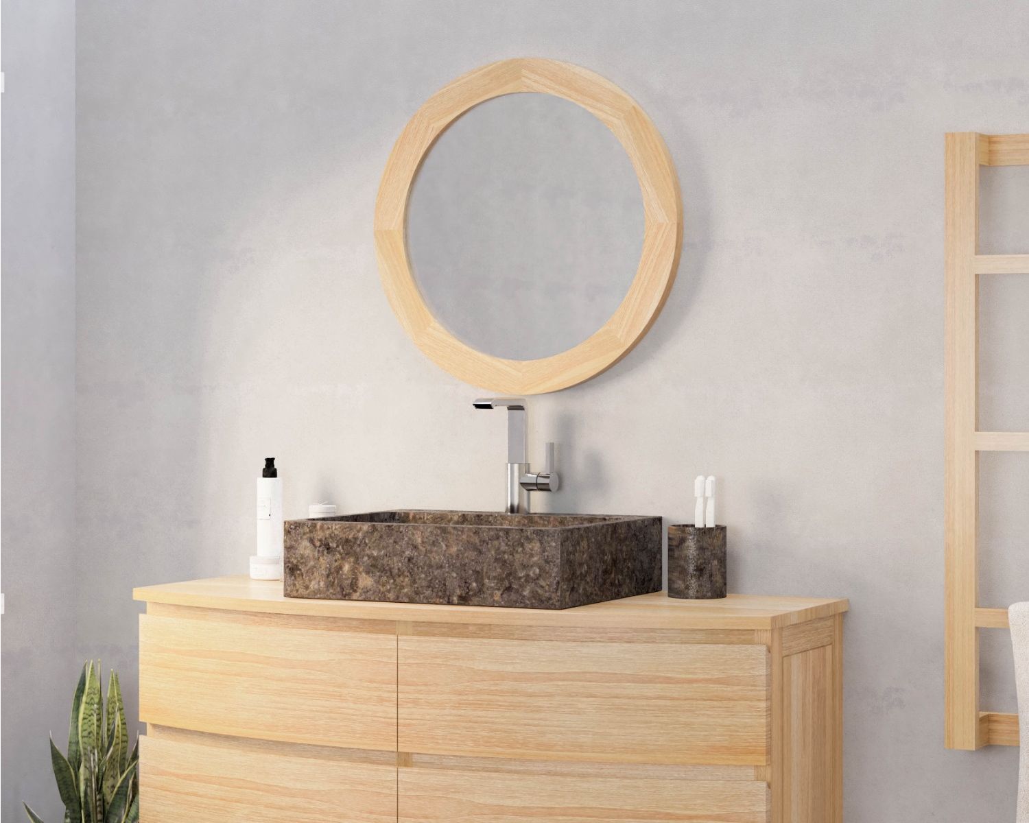 Miroir rond 60 cm de diamètre et cadre en teck